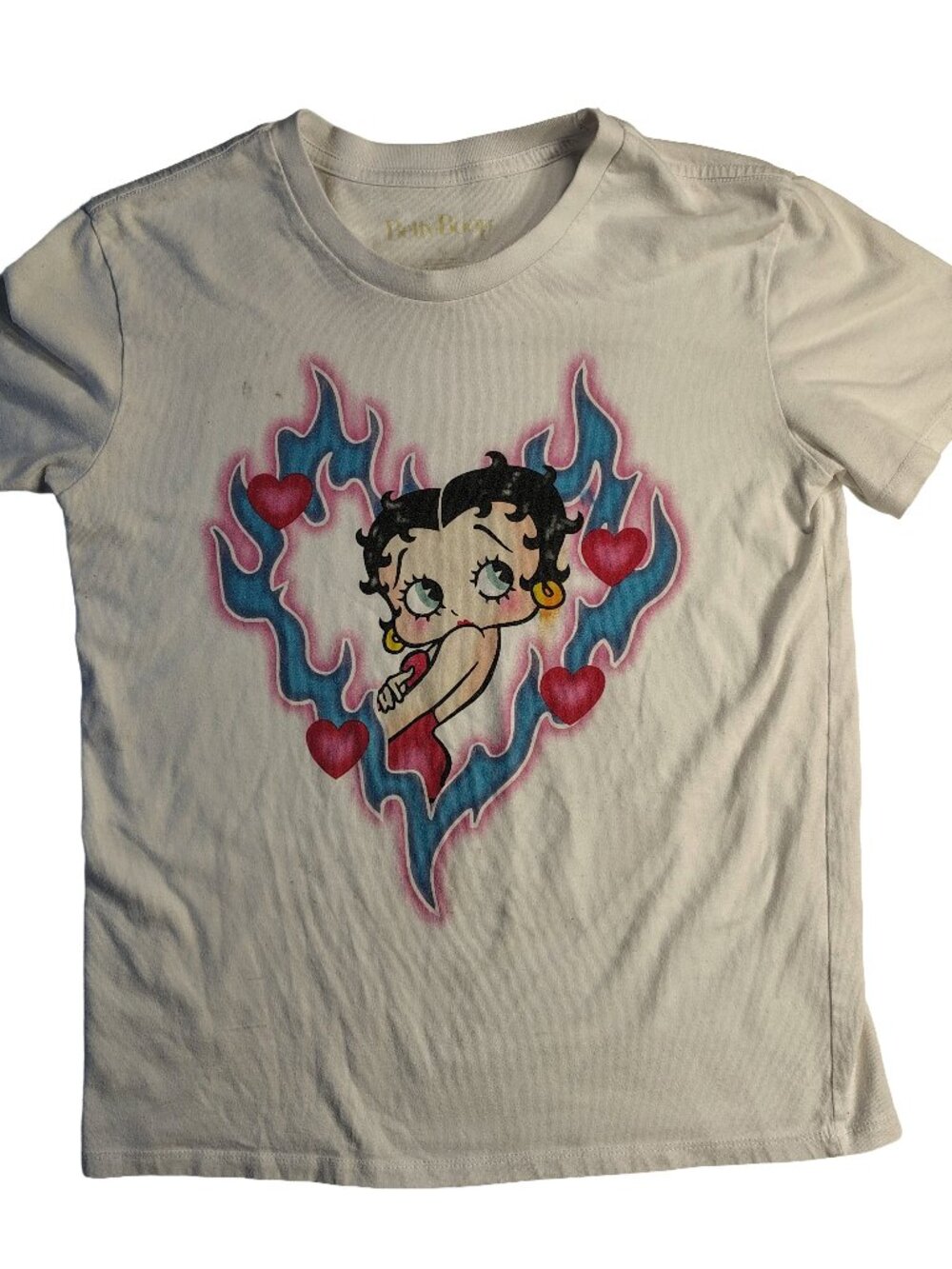 Women's Size Medium White Flaming Betty Boop Graphic Short Sleeve T-Shirt